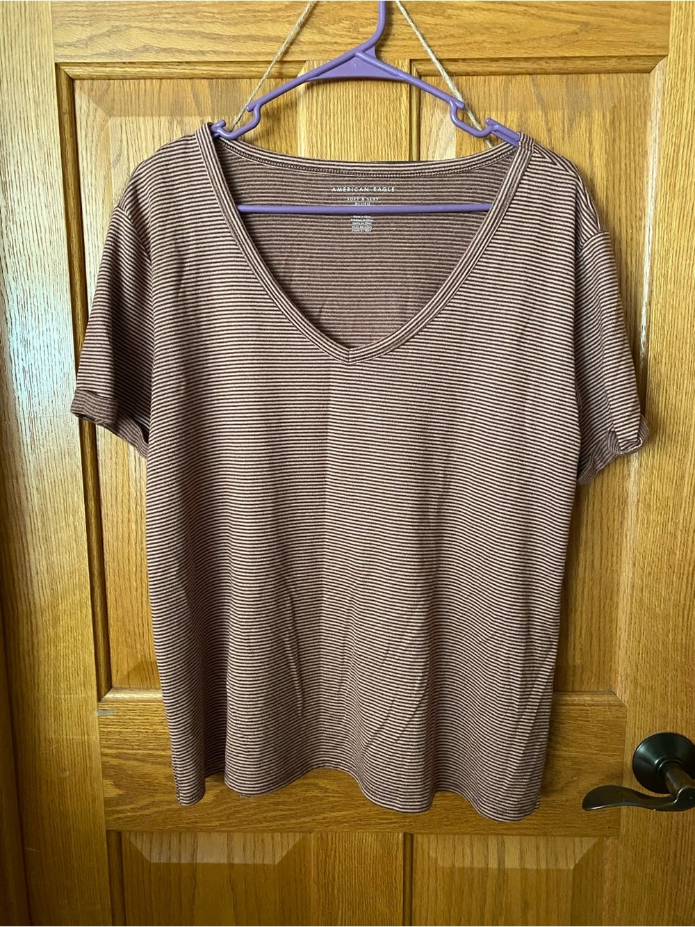 American Eagle Outfitters Brown Striped V-Neck Short Sleeve Tee